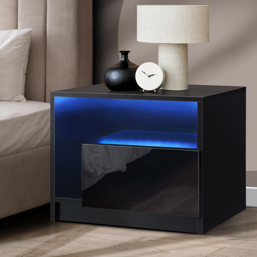 Oikiture Bedside Tables RGB LED Side Table Drawers High Gloss Nightstand Black-Bedside Tables-PEROZ Accessories