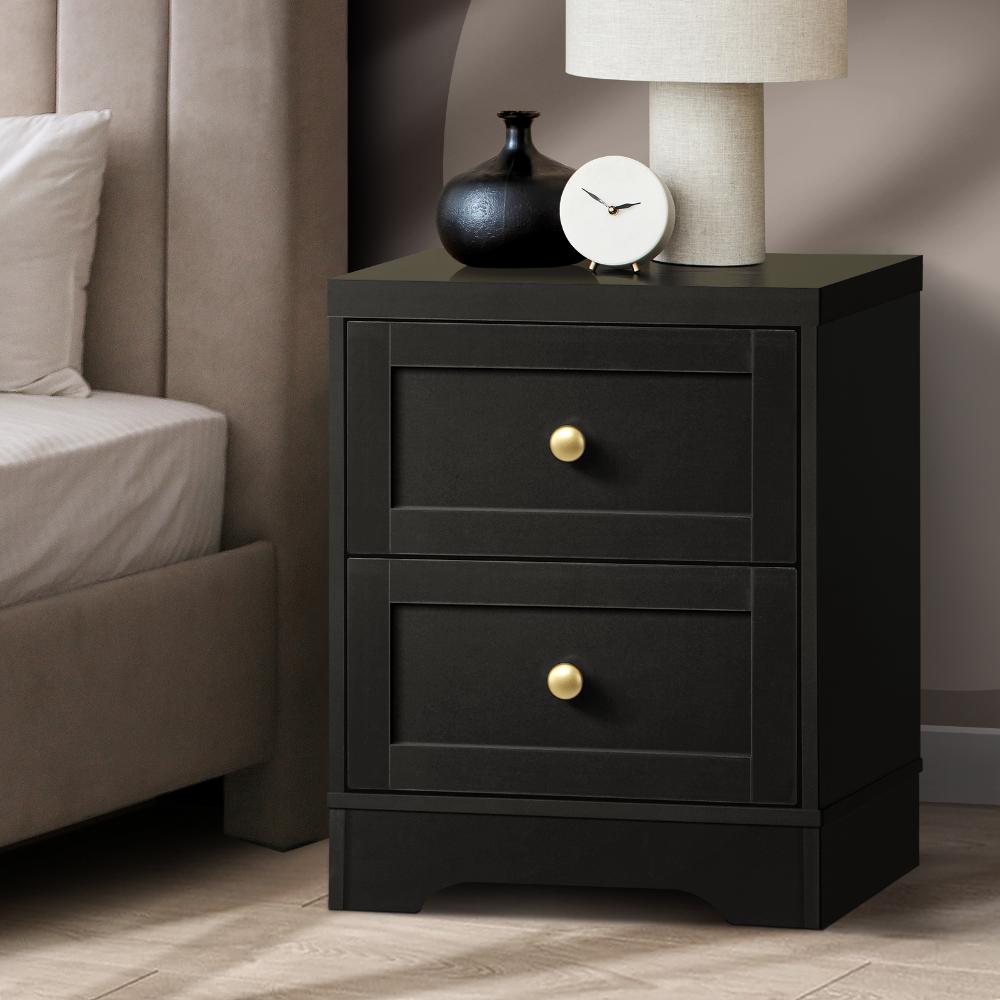 Oikiture Bedside Table Wooden Nightstand with 2 Drawers Black-Bedside Tables-PEROZ Accessories