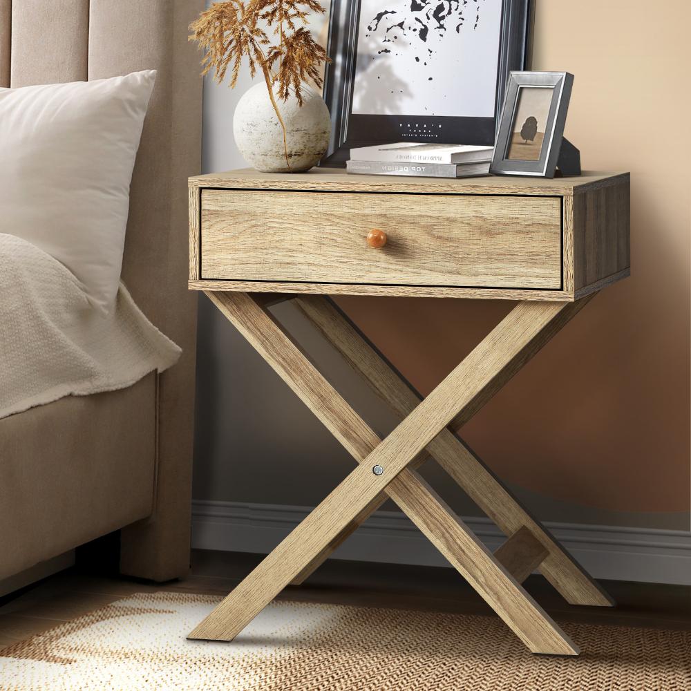 Oikiture Bedside Table with Wooden Frame and Cross Base Side Table Nightstand Wooden-Bedside Tables-PEROZ Accessories