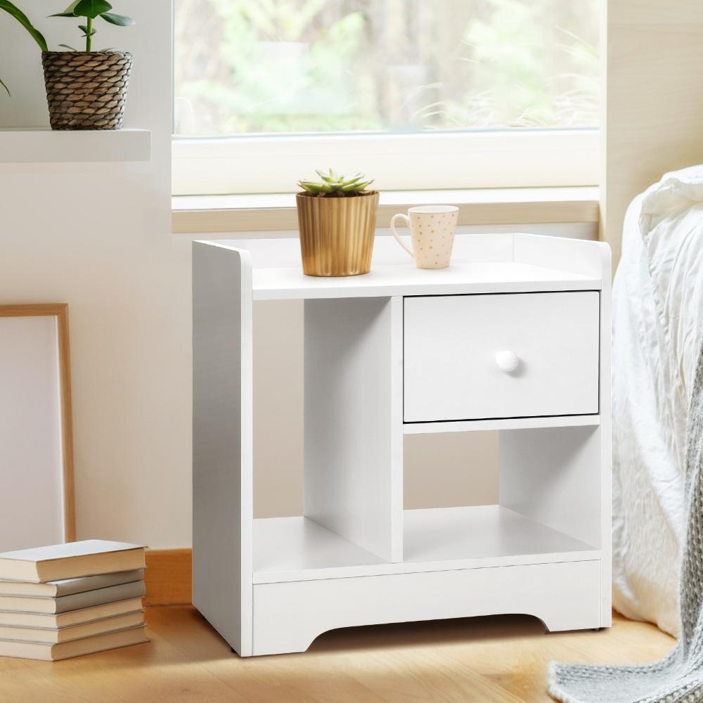 Oikiture Bedside Table with Drawer and Storage Space Side Table Nightstand Home Bedroom Furniture White-Bedside Tables-PEROZ Accessories