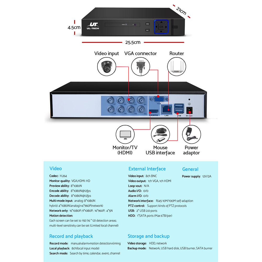 UL-tech CCTV Camera Security System Home 8CH DVR 1080P IP Day Night 4 Dome Cameras Kit-CCTV-PEROZ Accessories