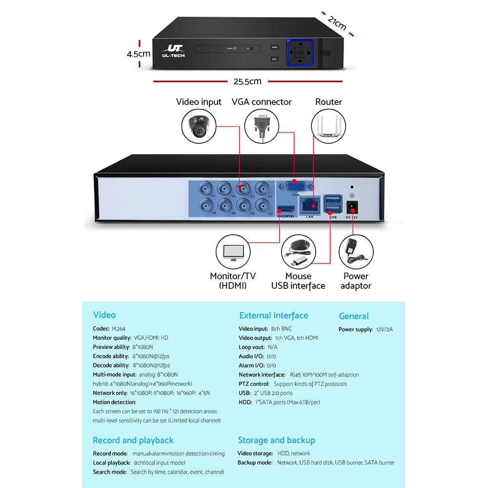 UL-tech CCTV Camera Security System Home 8CH DVR 1080P 4 Dome cameras with 1TB Hard Drive-CCTV-PEROZ Accessories