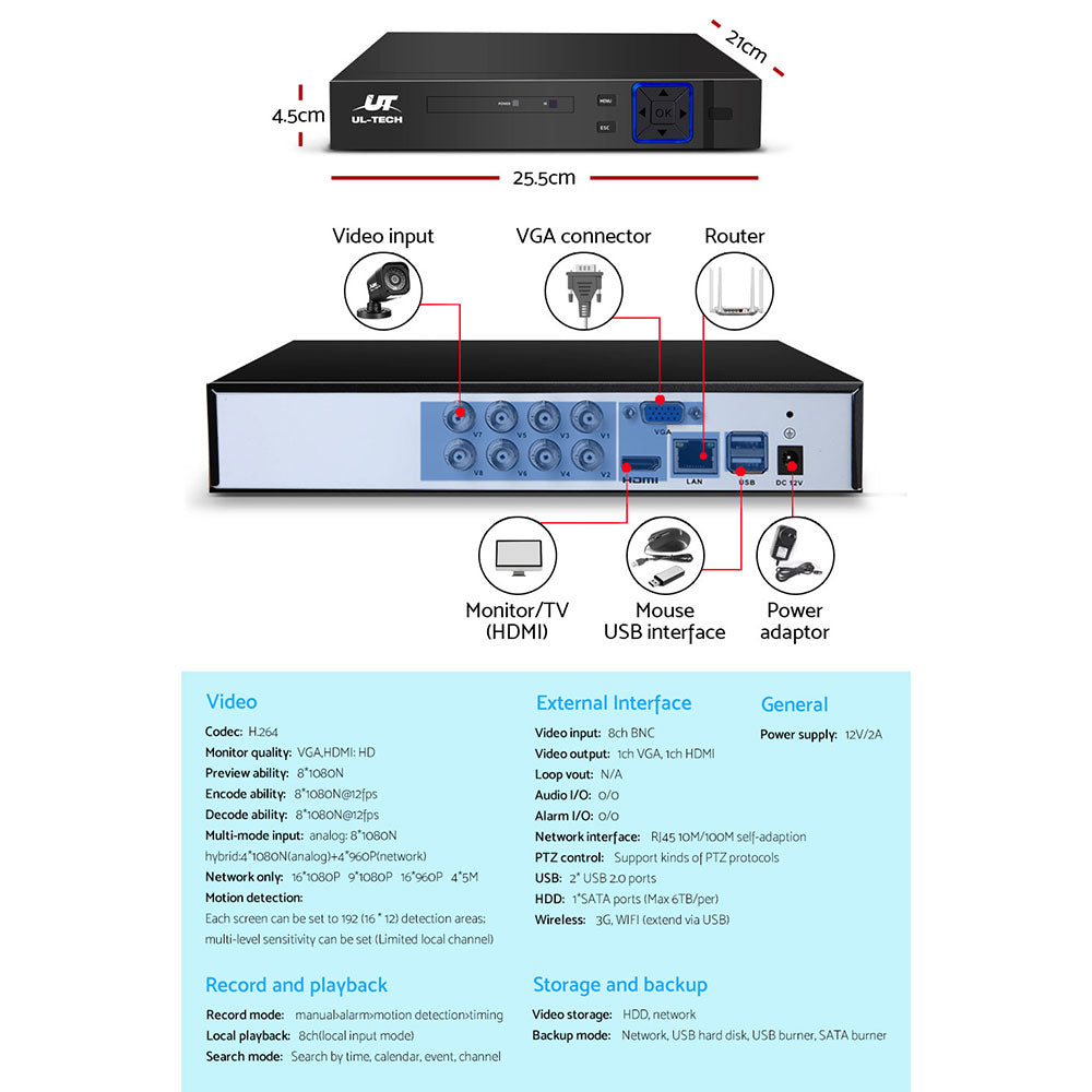 UL-tech CCTV Camera Home Security System 8CH DVR 1080P Cameras Outdoor Day Night-CCTV-PEROZ Accessories