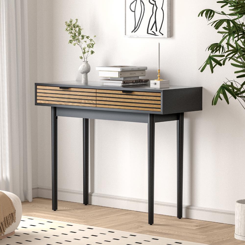 Oikiture Console Table, 100cm Entry Hallway Side Table with 2 Storage Drawer Display Desk Black-Console Table-PEROZ Accessories