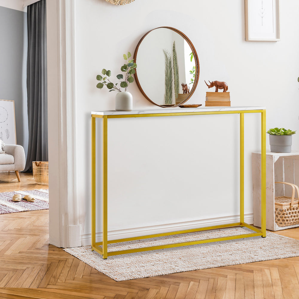 Oikiture Console Table Marble-look Iron Gold&amp;White-Console Tables-PEROZ Accessories