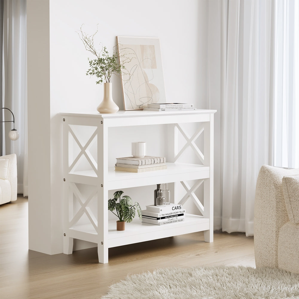 Oikiture 3-Tier Console Table X-Design Wooden White-Console Tables-PEROZ Accessories