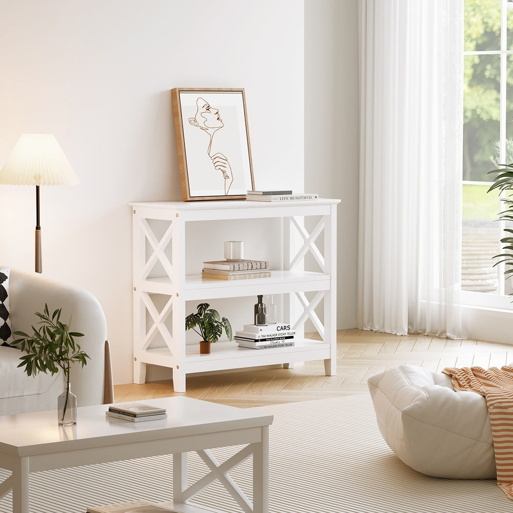 Oikiture 3-Tier Console Table X-Design Wooden White-Console Tables-PEROZ Accessories