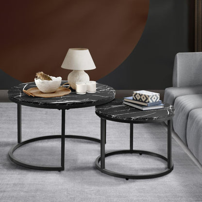 Oikiture Set of 2 Coffee Table Round Nesting Side End Table Black-Coffee Tables-PEROZ Accessories