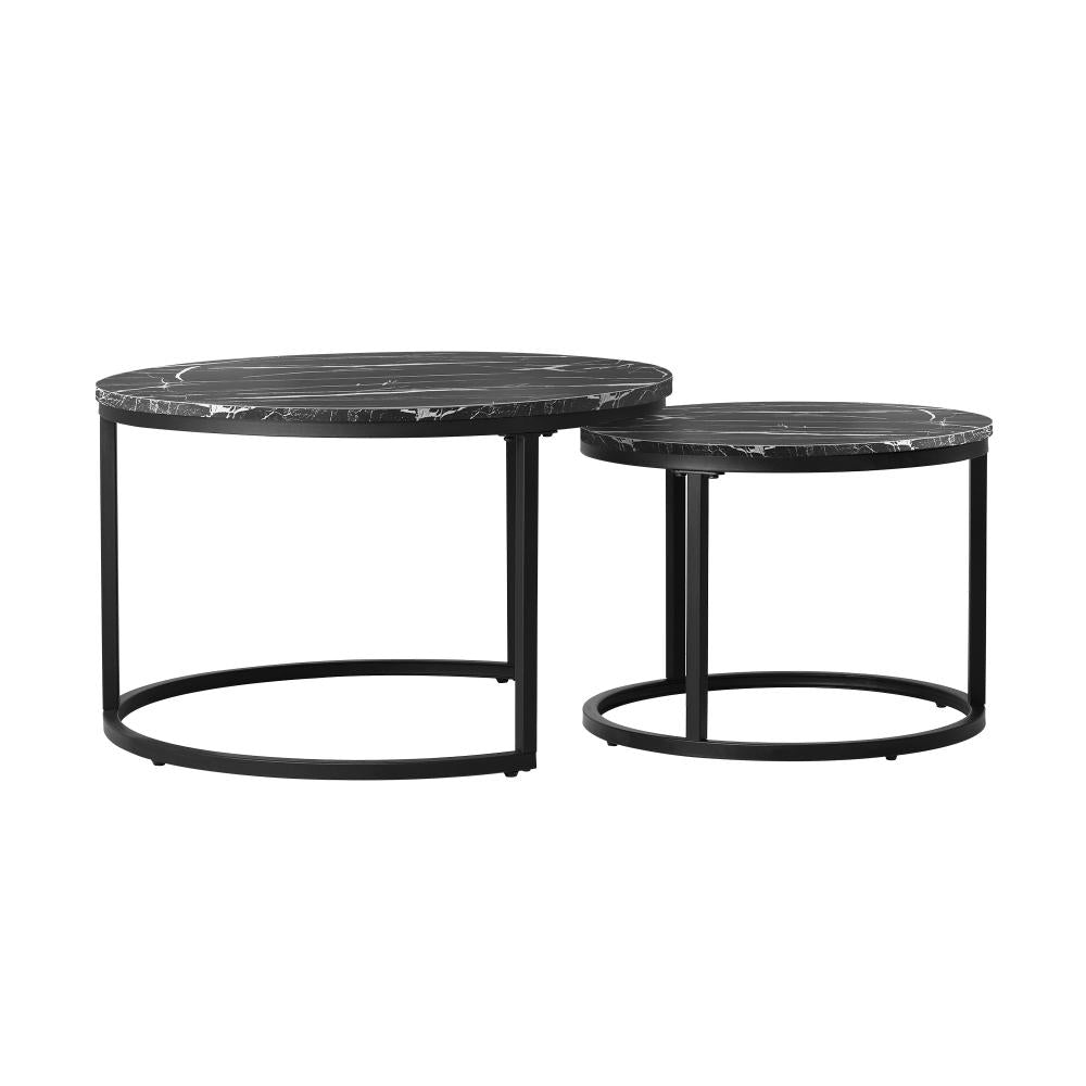 Oikiture Set of 2 Coffee Table Round Nesting Side End Table Black-Coffee Tables-PEROZ Accessories