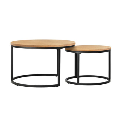 Oikiture Set of 2 Coffee Table Round Nesting Side End Table Natural-Coffee Tables-PEROZ Accessories