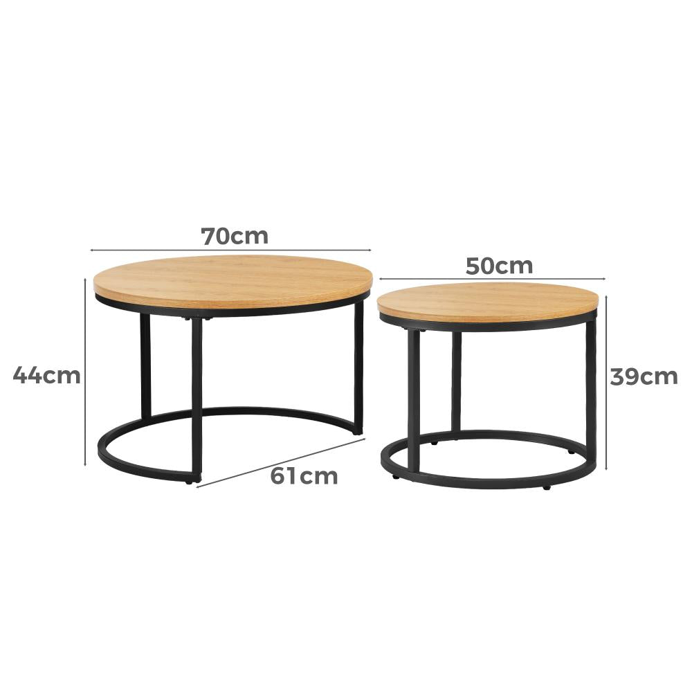 Oikiture Set of 2 Coffee Table Round Nesting Side End Table Natural-Coffee Tables-PEROZ Accessories