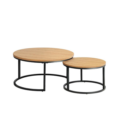 Oikiture Set of 2 Coffee Table Round Nesting Side End Table Natural-Coffee Tables-PEROZ Accessories
