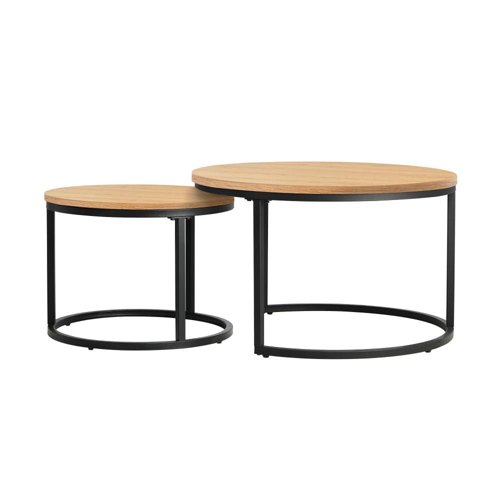Oikiture Set of 2 Coffee Table Round Nesting Side End Table Natural-Coffee Tables-PEROZ Accessories