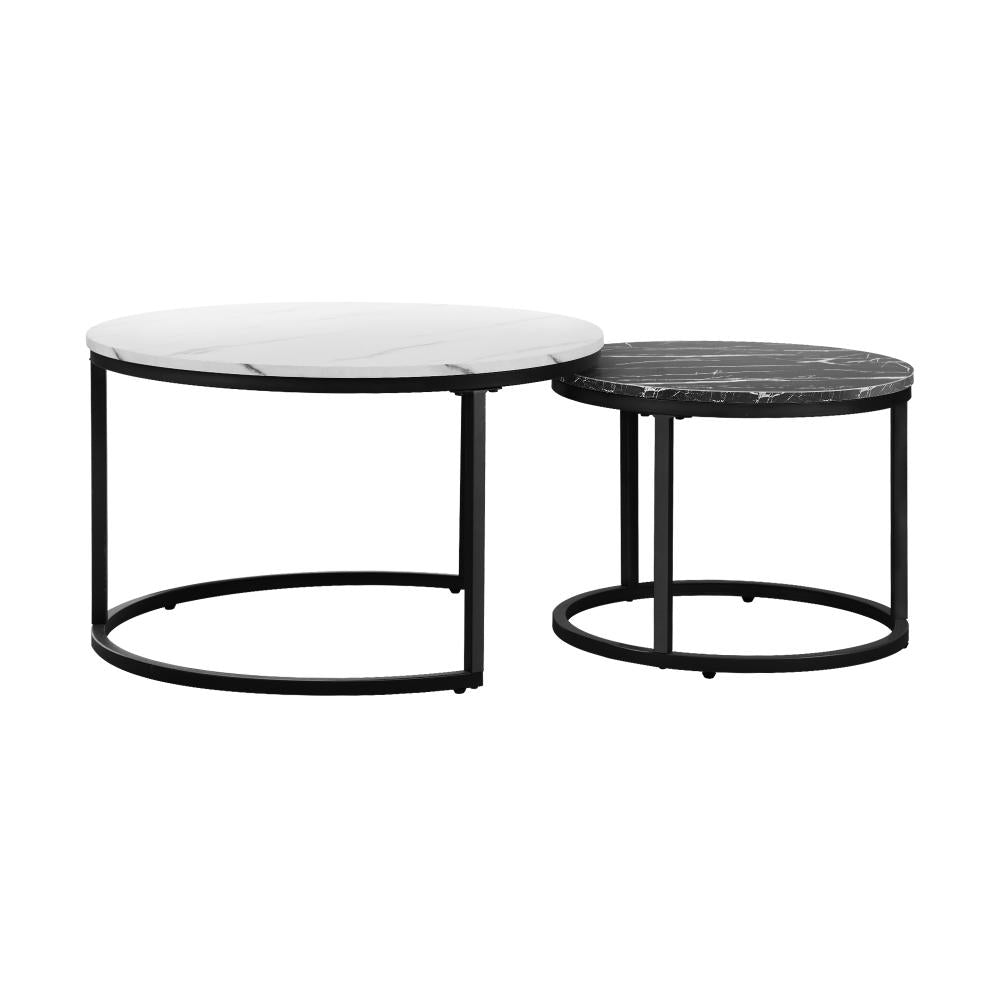 Oikiture Set of 2 Coffee Table Round Nesting Side End Table White &amp; Black-Coffee Tables-PEROZ Accessories