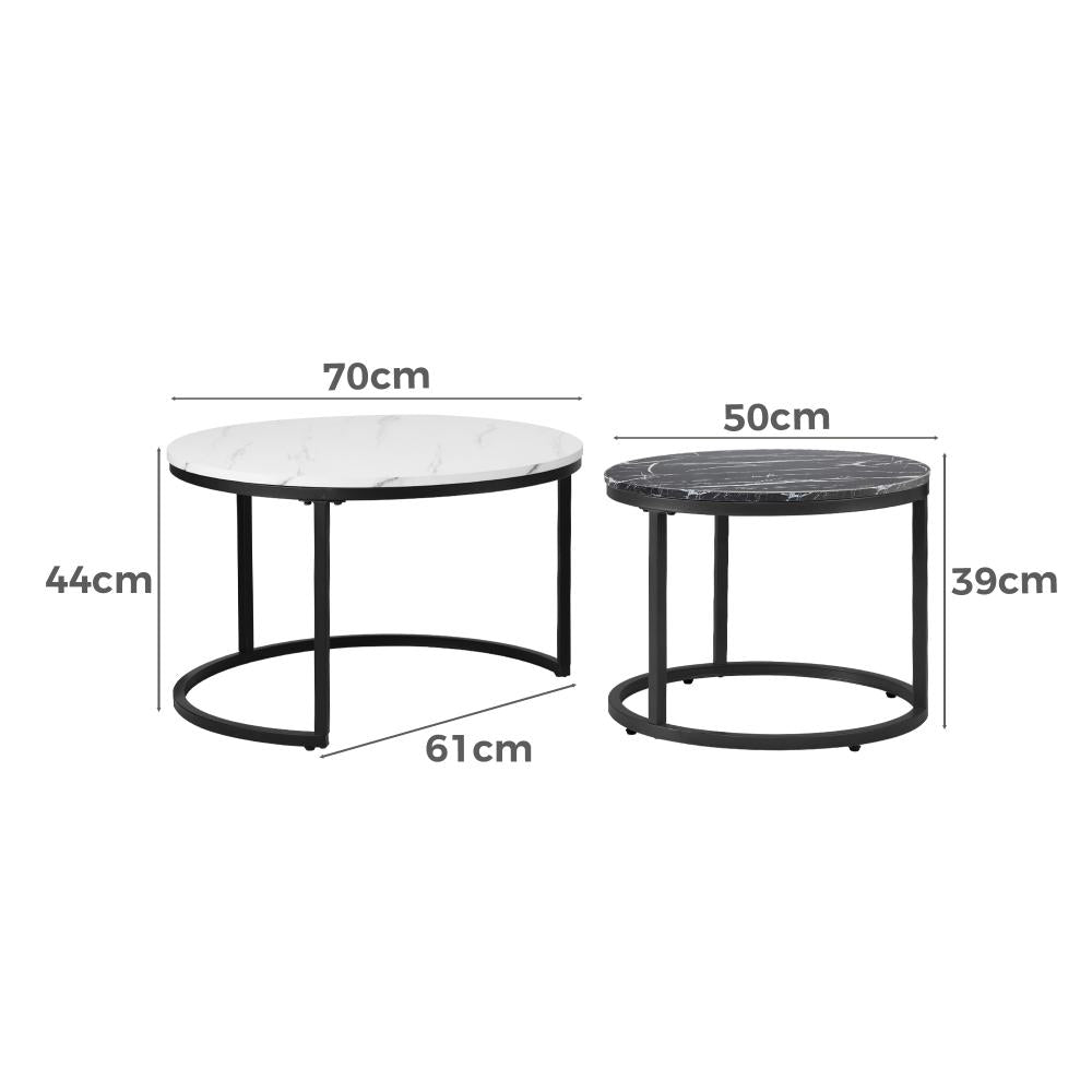 Oikiture Set of 2 Coffee Table Round Nesting Side End Table White &amp; Black-Coffee Tables-PEROZ Accessories