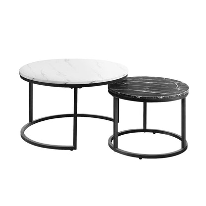 Oikiture Set of 2 Coffee Table Round Nesting Side End Table White &amp; Black-Coffee Tables-PEROZ Accessories