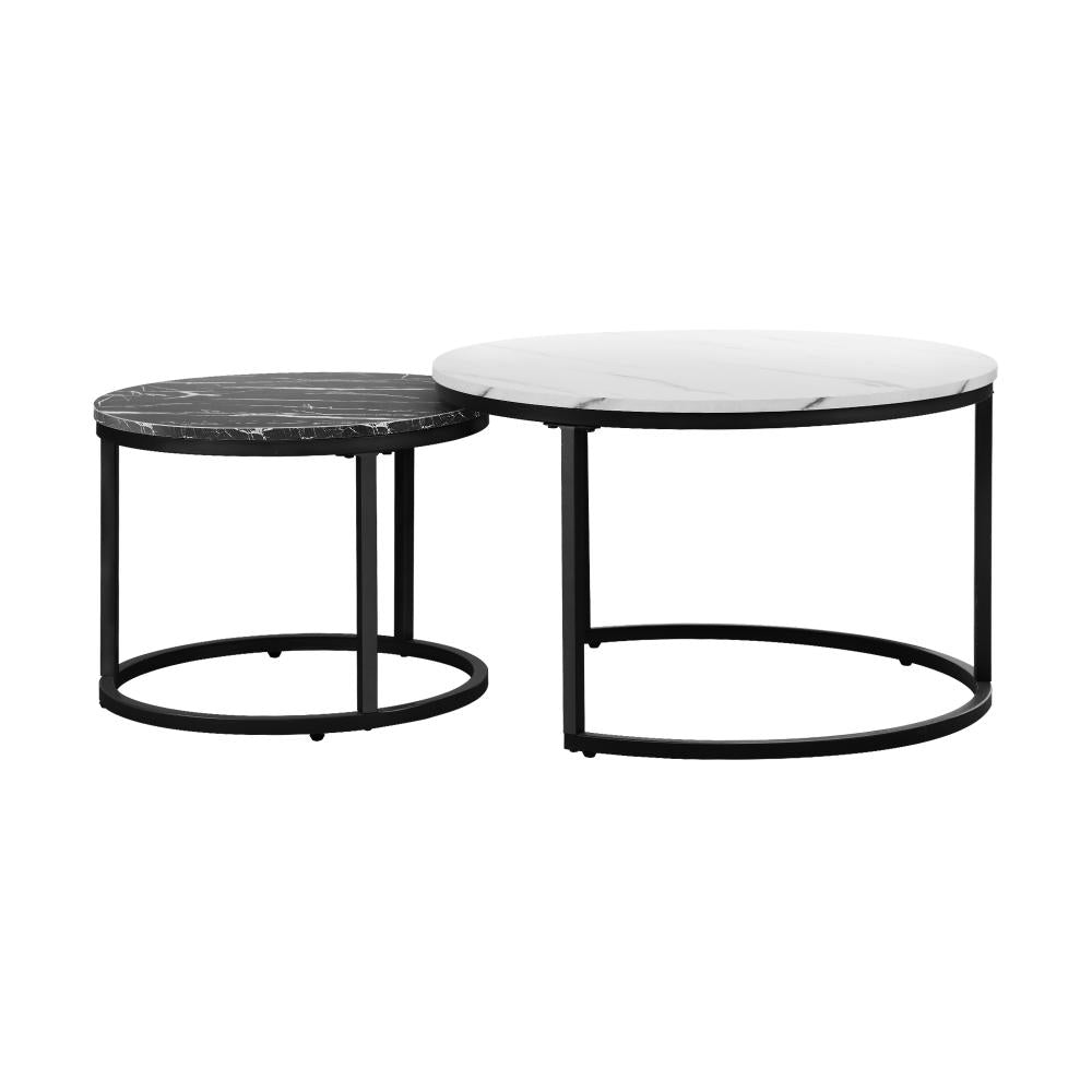 Oikiture Set of 2 Coffee Table Round Nesting Side End Table White &amp; Black-Coffee Tables-PEROZ Accessories