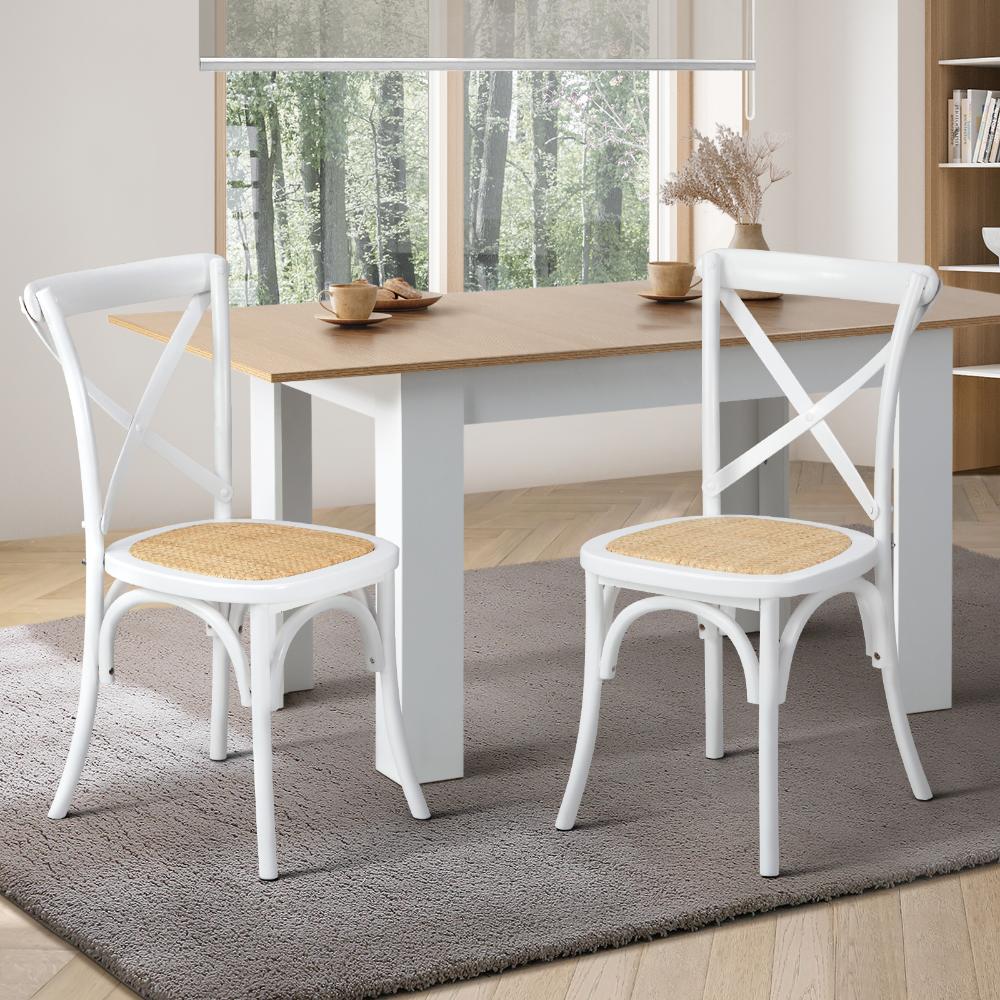 Oikiture 2PCS Crossback Dining Chair Solid Wood Ratan Seat White-Dining Chairs-PEROZ Accessories