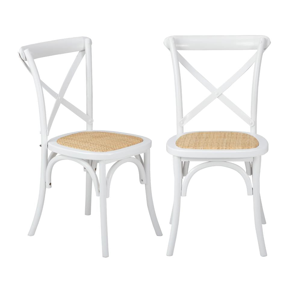 Oikiture 2PCS Crossback Dining Chair Solid Wood Ratan Seat White-Dining Chairs-PEROZ Accessories