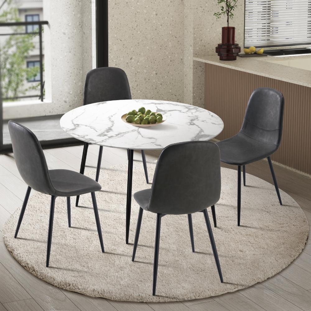 Oikiture Round Dining Table &amp; 4PCS Dining Chairs PU Grey-Dining Sets-PEROZ Accessories