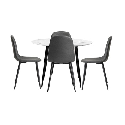 Oikiture Round Dining Table &amp; 4PCS Dining Chairs PU Grey-Dining Sets-PEROZ Accessories