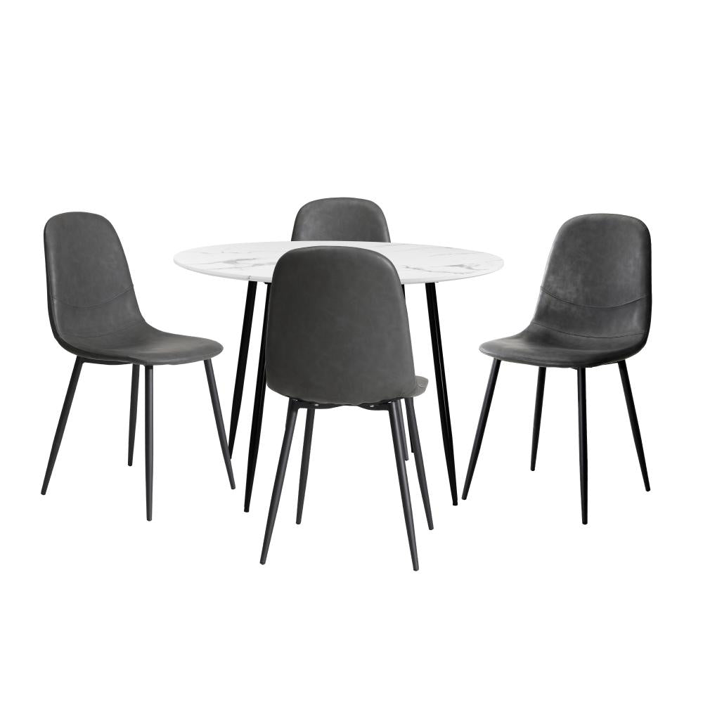 Oikiture Round Dining Table &amp; 4PCS Dining Chairs PU Grey-Dining Sets-PEROZ Accessories