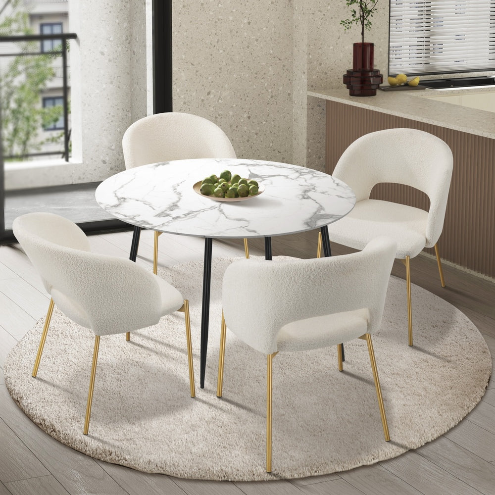 Oikiture 110cm Round Dining Table with 4PCS Dining Chairs Sherpa Gold-Dining Sets-PEROZ Accessories