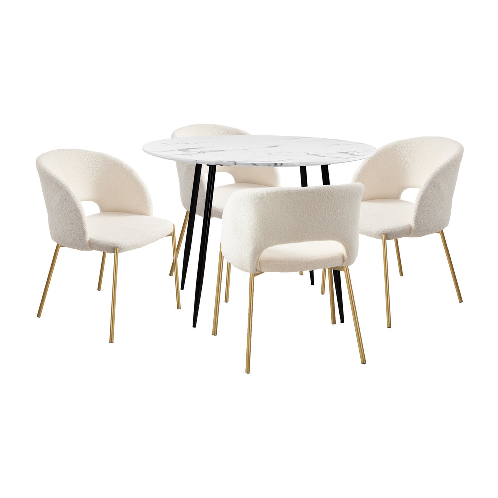 Oikiture 110cm Round Dining Table with 4PCS Dining Chairs Sherpa Gold-Dining Sets-PEROZ Accessories