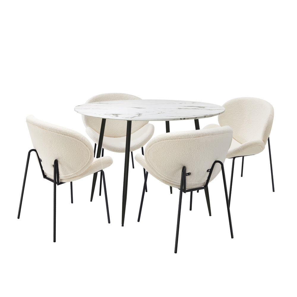 Oikiture 110cm Round Dining Table with 4PCS Chairs White Sherpa-Dining Sets-PEROZ Accessories