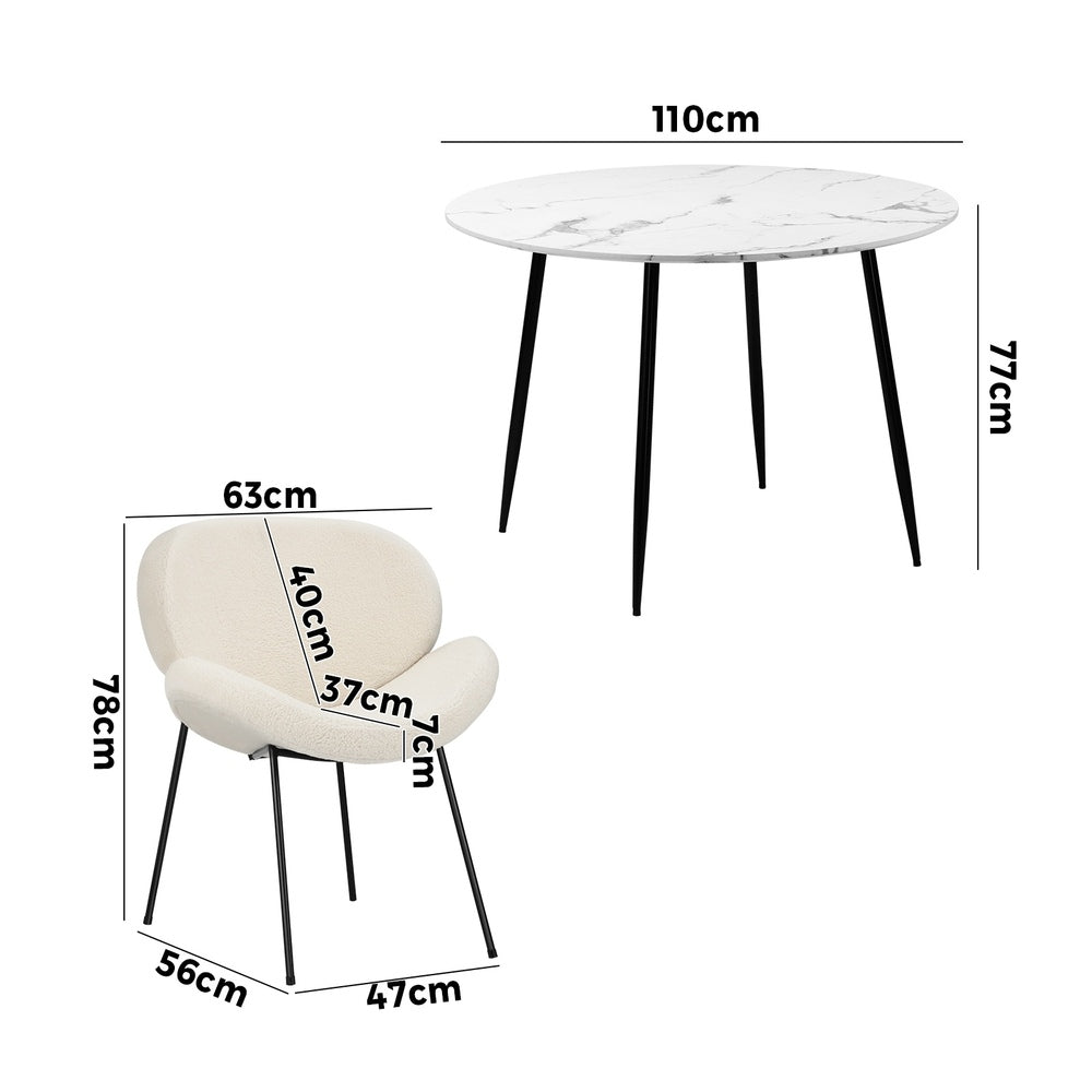 Oikiture 110cm Round Dining Table with 4PCS Chairs White Sherpa-Dining Sets-PEROZ Accessories