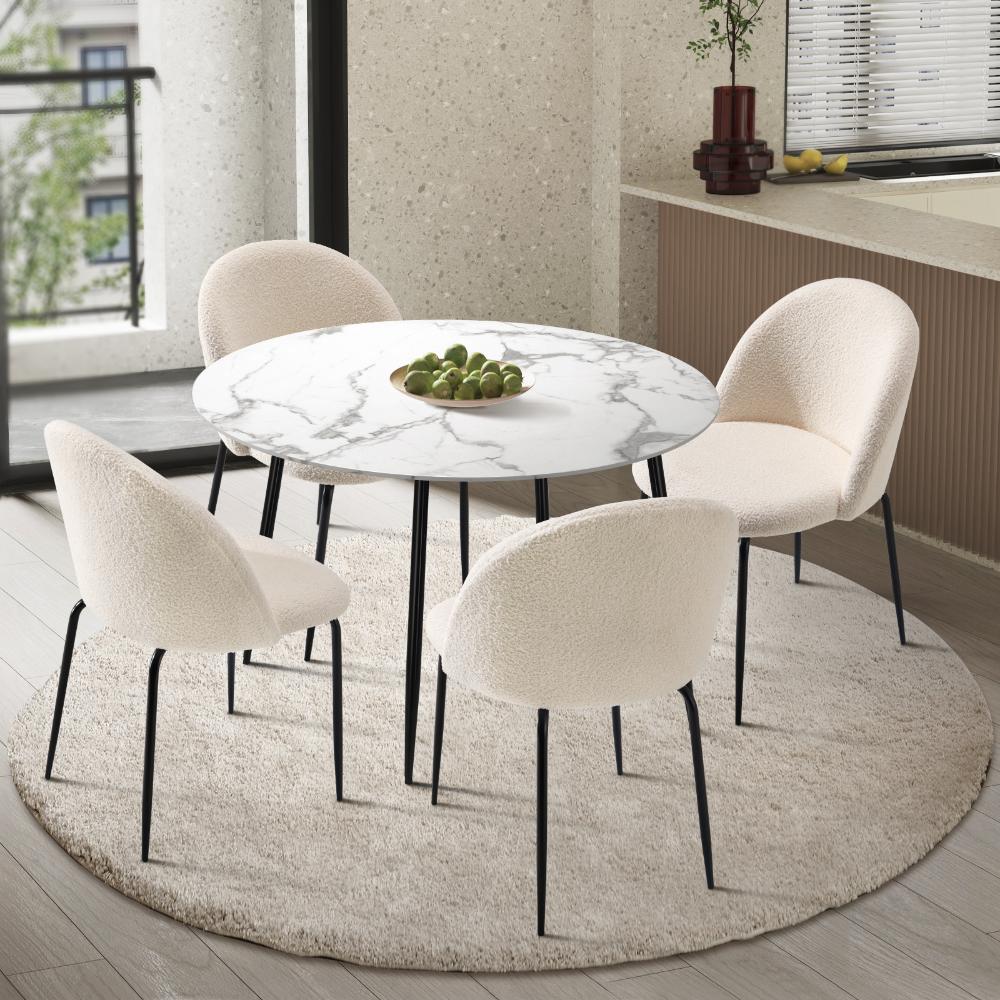 Oikiture Round Dining Table &amp; 4PCS Dining Chairs White Sherpa-Dining Sets-PEROZ Accessories