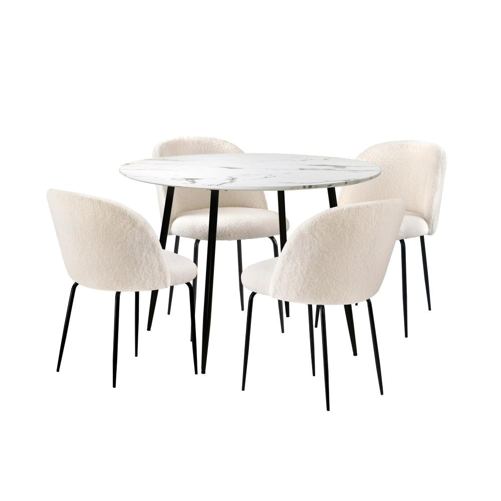 Oikiture Round Dining Table &amp; 4PCS Dining Chairs White Sherpa-Dining Sets-PEROZ Accessories