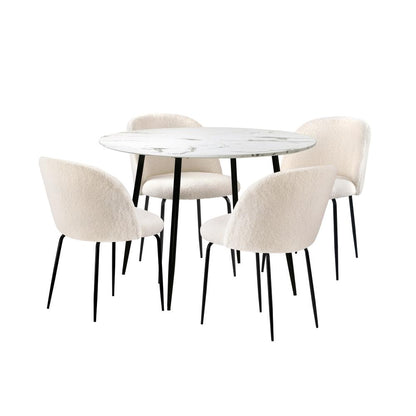 Oikiture Round Dining Table &amp; 4PCS Dining Chairs White Sherpa-Dining Sets-PEROZ Accessories