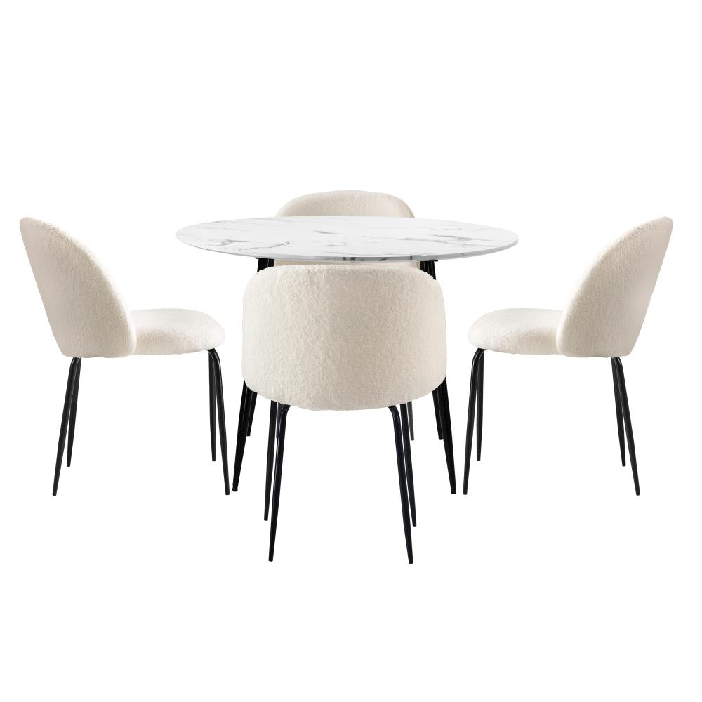 Oikiture Round Dining Table &amp; 4PCS Dining Chairs White Sherpa-Dining Sets-PEROZ Accessories