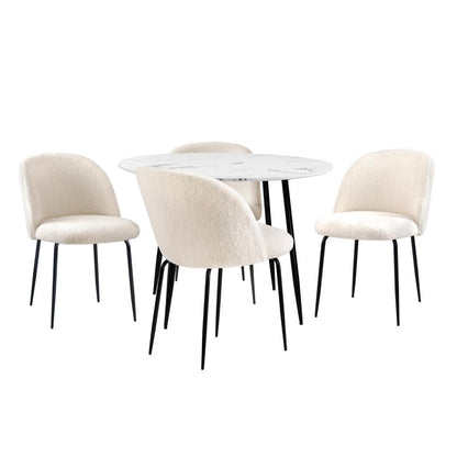 Oikiture Round Dining Table &amp; 4PCS Dining Chairs White Sherpa-Dining Sets-PEROZ Accessories