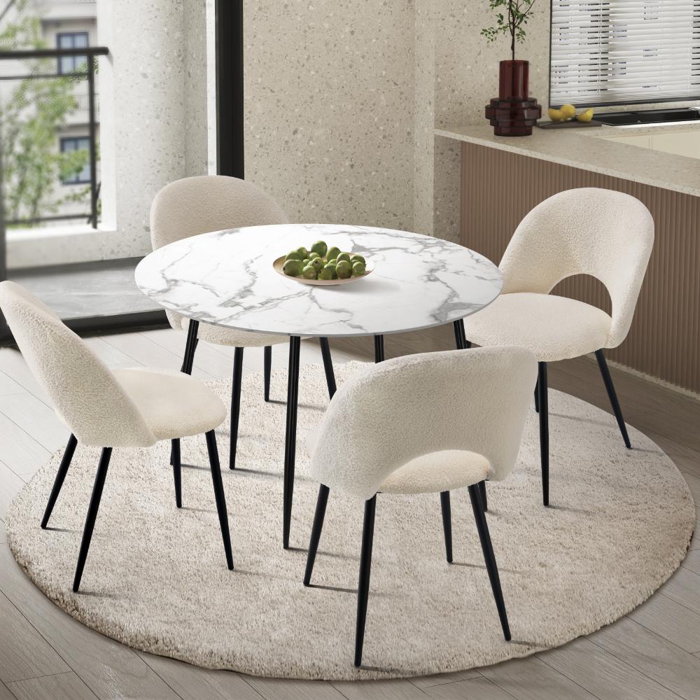 Oikiture Round Dining Table &amp; 4PCS Dining Chairs Sherpa White-Dining Sets-PEROZ Accessories