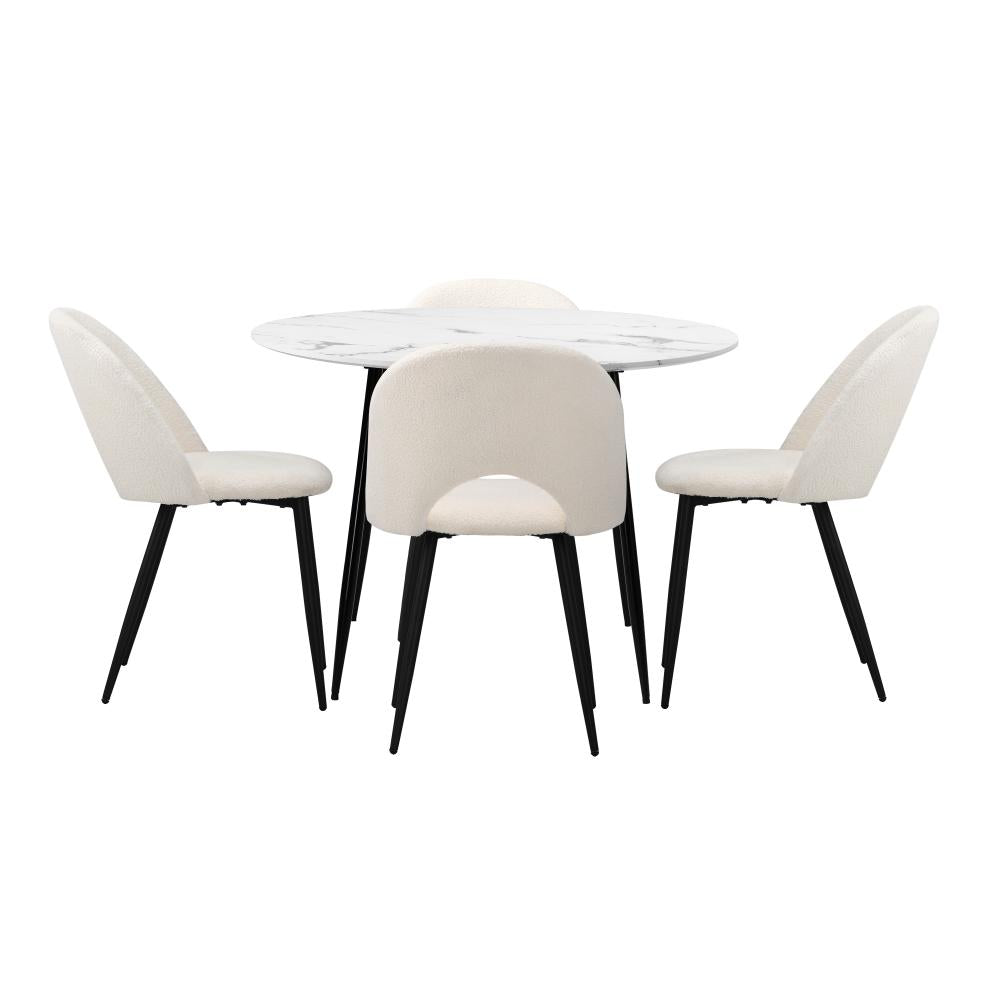 Oikiture Round Dining Table &amp; 4PCS Dining Chairs Sherpa White-Dining Sets-PEROZ Accessories