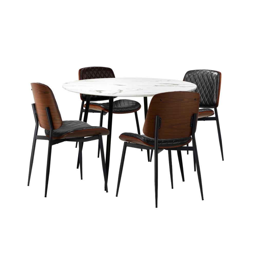 Oikiture Round Dining Table &amp; 4PCS Dining Chairs PU Black-Dining Sets-PEROZ Accessories