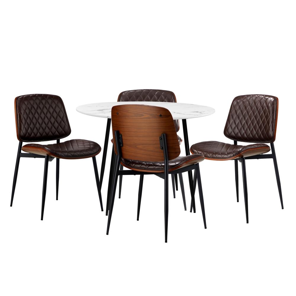 Oikiture Round Dining Table &amp; 4PCS Dining Chairs PU Walnut-Dining Sets-PEROZ Accessories