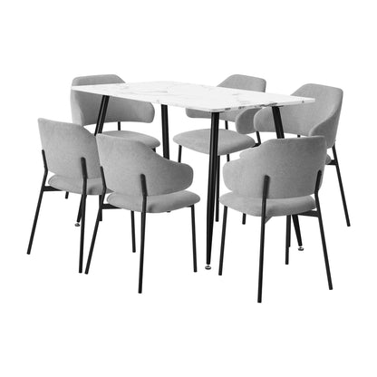 Oikiture 120cm Rectangle Dining Table with 6PCS Chairs Fabric Grey-Dining Sets-PEROZ Accessories