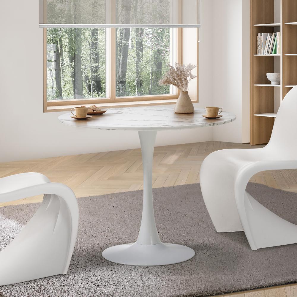 Oikiture 90cm Dining Table Kitchen Marble Tulip Round Metal Leg White-Dining Table-PEROZ Accessories