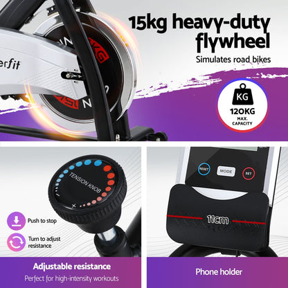 15kg Flywheel Spin Bike Everfit Exercise Bike Home Gym Fitness 120KG Capacity-Sports &amp; Fitness &gt; Exercise, Gym &amp; Fitness &gt; Exercise Bikes-PEROZ Accessories