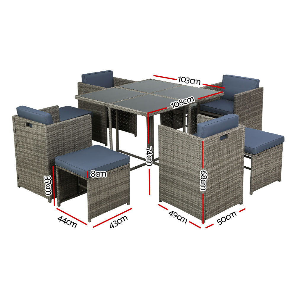 Gardeon Outdoor Dining Set 9 Piece Wicker Table Chairs Setting Grey-Outdoor Dining Sets-PEROZ Accessories