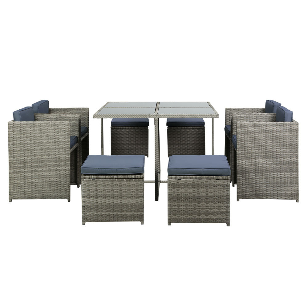 Gardeon Outdoor Dining Set 9 Piece Wicker Table Chairs Setting Grey-Outdoor Dining Sets-PEROZ Accessories