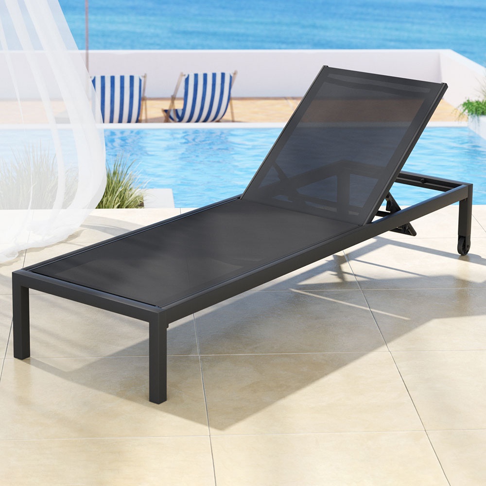 Gardeon Sun Lounge Outdoor Lounger Aluminium Folding Beach Chair Wheels Black-Furniture &gt; Outdoor-PEROZ Accessories