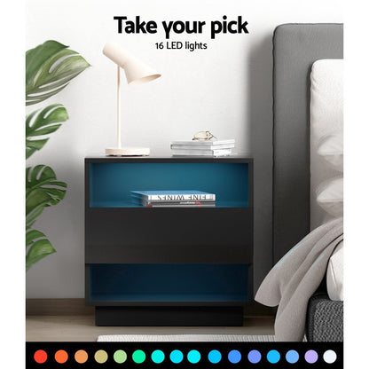 Artiss Bedside Table LED with 2 Shelves - HANA Black-Furniture &gt; Bedroom-PEROZ Accessories