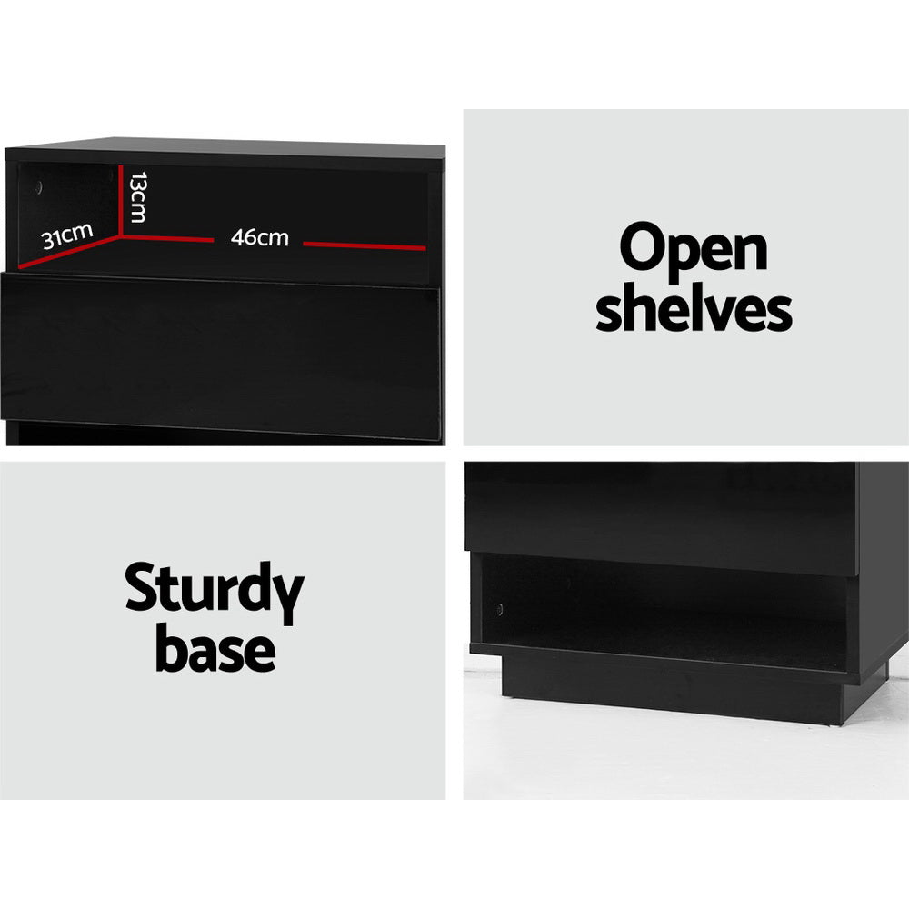 Artiss Bedside Table LED with 2 Shelves - HANA Black-Furniture &gt; Bedroom-PEROZ Accessories