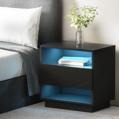 Artiss Bedside Table LED with 2 Shelves - HANA Black-Furniture &gt; Bedroom-PEROZ Accessories