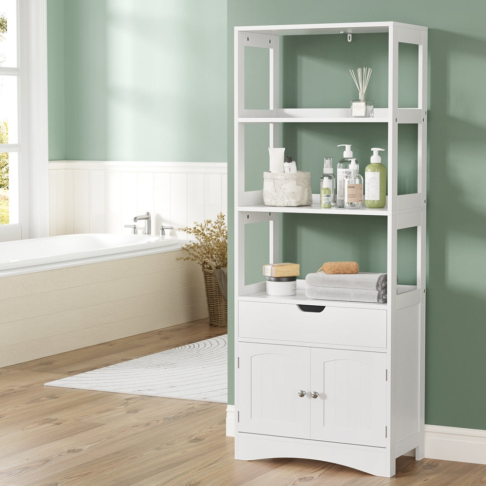 Artiss Bathroom Floor Storage Cabinet with 2 Drawers 3 Open Shelves 2 Doors White-Furniture &gt; Bathroom &gt; Bathroom Cabinets, Cupboards &amp; Storage-PEROZ Accessories