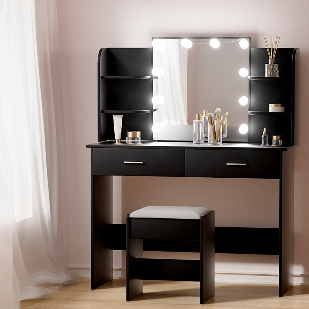 Artiss Dressing Table Set Stool 10 Led Bulbs Black Dulcea-Furniture &gt; Bedroom-PEROZ Accessories